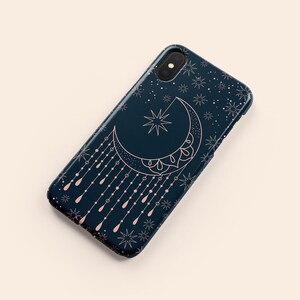 ギャラクシーブルーの天体模様のスマホケース、ピンクの月と星のデザイン、ダークブルーの保護ハードカバー 画像 7
