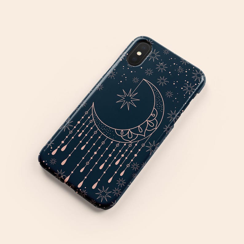 ギャラクシーブルーの天体模様のスマホケース、ピンクの月と星のデザイン、ダークブルーの保護ハードカバー 画像 7