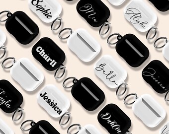 Black Personalized AirPods Case, White Hard Protective Cover, Carabiner Keychain