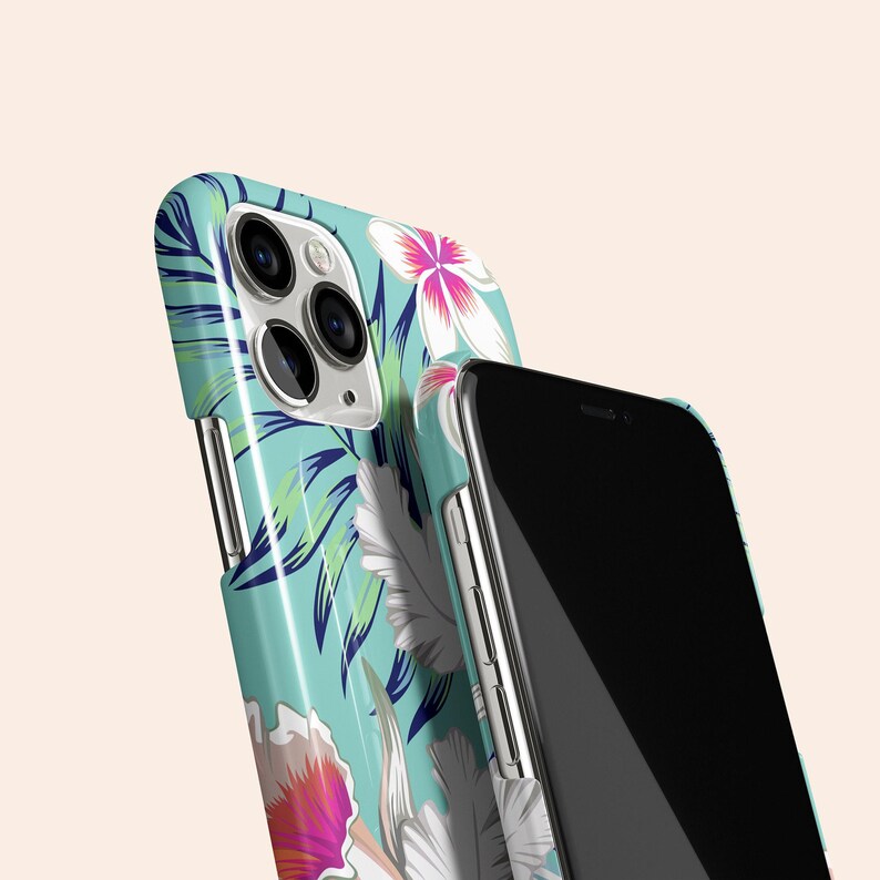 Custodia per telefono con motivo floreale tropicale hawaiano, custodia blu floreale per iPhone 12, custodia blu per iPhone 11, custodia floreale per iPhone X, custodia botanica per iPhone XR, XS immagine 2