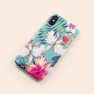 Custodia per telefono con motivo floreale tropicale hawaiano, custodia blu floreale per iPhone 12, custodia blu per iPhone 11, custodia floreale per iPhone X, custodia botanica per iPhone XR, XS immagine 4