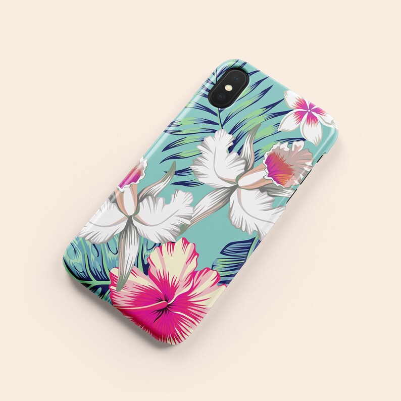 Custodia per telefono con motivo floreale tropicale hawaiano, custodia blu floreale per iPhone 12, custodia blu per iPhone 11, custodia floreale per iPhone X, custodia botanica per iPhone XR, XS immagine 4