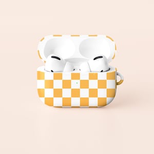 Yellow Checkered AirPods Case Pastel Check AirPods Pro Case Retro Checkerboard Protective Cover For Apple Airpods With Carabiner Keychain