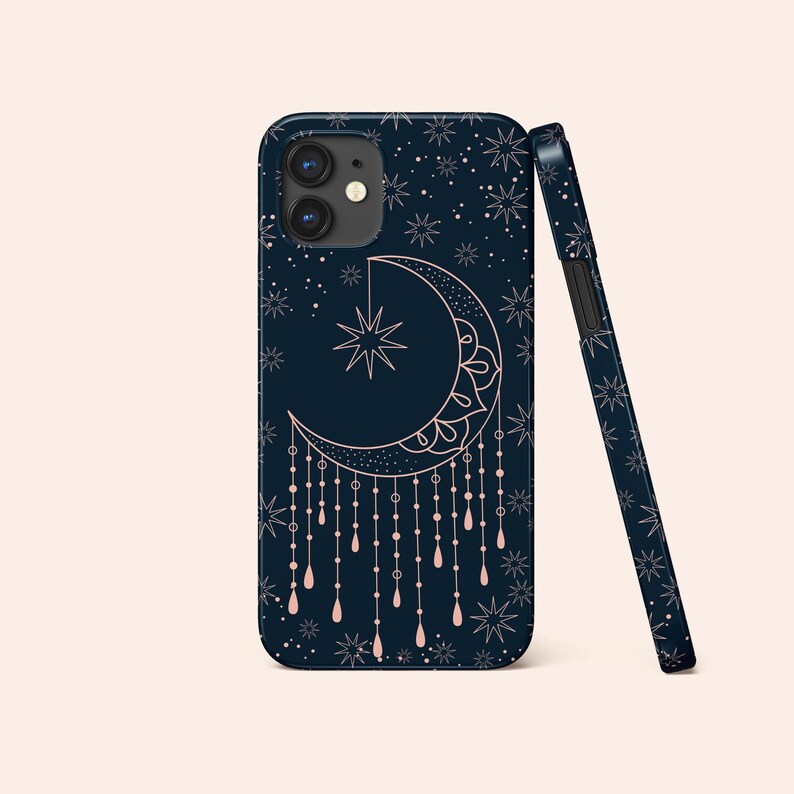ギャラクシーブルーの天体模様のスマホケース、ピンクの月と星のデザイン、ダークブルーの保護ハードカバー 画像 5