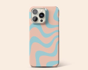 Wavy Line Phone Case, Peach and Blue Retro Design, Protective Hard Cover
