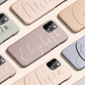 Dusty pastelkleurig neutraal gepersonaliseerd telefoonhoesje | Aangepaste naam iPhone 13-hoesje | Hoesje voor iPhone 12 met cursief lettertype | iPhone 11-hoesje | iPhone XR-hoesje