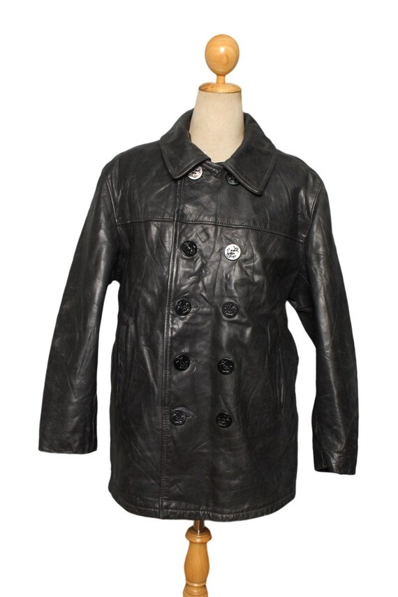 Vtg Schott Us Navy 740n Leather Pea Coat Size 42 Navy 740n Leather Pea Coat Size, Schott Leather Peacoat 740n