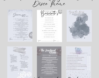 May include: A printable set of bachelorette party games with a disco theme. The games include a scavenger hunt, a "finish the bachelorette's sentence" game, a "guess the dress" game, a "what's our flavour" game, a "the newlywed game", and an "over or under" game. The games are printed on a light grey background with silver glitter accents.