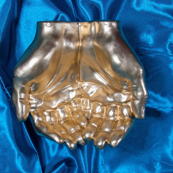 Life size Gold Hands Bowl | Art plaster bowl | Room sculpture | Healing hands bowl | Decorative hands dish | Crystal storage