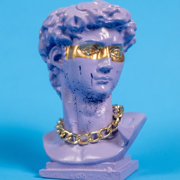 David with golden mask bust small plaster vase | Lavender Apollo Head Brush holder | Ancient Greek Sculpture Face God Statue Bust Head Vase