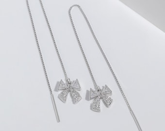 Bling Bow Drop Earrings, S925 Sterling Silver Sparkling Chains Bow Threader Earring Chain Dainty Ribbon Drop Jewelry Minimalist Gift for Her