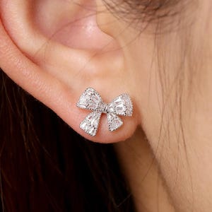 Diamond Bow Earrings, 925 Silver/Gold/Rose Gold Bling Coquette Unique Ribbon Design Elegant Dainty Stackable Studs Romantic Anniversary Gift