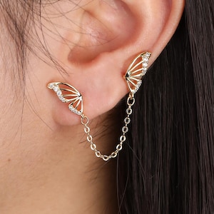 Pendientes de mariposa planos con cadena, calibre 20G, delicados pendientes de circonita cúbica para hélix, cartílago y concha, apilables, de acero de titanio, regalo de joyería para ella.
