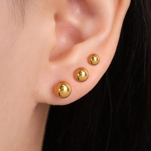 Double Ball Screw Back Earrings, 20G Gold Titanium Steel Stud Safety Comfort Sleep-On Double 6mm 5mm 4mm Ball Studs Earring Set Gift for Her