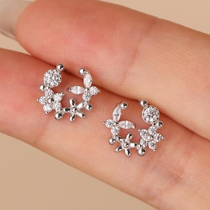 Tiny Flower Wreath Stud Earrings, S925 Sterling Silver CZ Circle Floral Wreath Butterfly Sparkling Bling Stud Earring Christmas Gift for Her