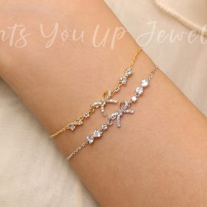 Bow Diamond Bracelet, S925 Silver & Gold Dainty Chain Unique Delicate Coquette Bling Triple Ribbon Knot Bracelet Sweet Adjustable Gift Women
