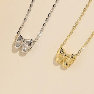14k Gold Plated Silver Bow Necklace in S925 Sterling Silver Ribbon Bow Tie Charm Layering Cute Necklace Tiny Bowknot Pendant Gift for Her