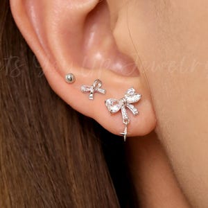 Bow Stud Earrings Set, 925 Silver & Gold Dainty Delicate Sparkly Design Unique Cute Ribbon Coquette Elegant Jewelry Gift for Women Girls Her