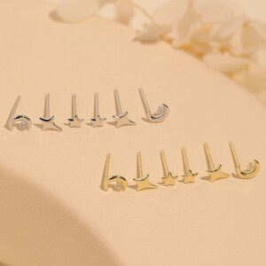 Cute Star Moon Earrings Set, 925 Silver & Gold Tiny Diamond Dainty Crescent Celestial Everyday Studs Set Perfect Gift for Multiple Piercings