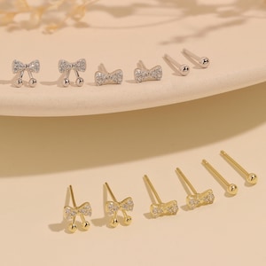 Cute Bow Earrings Set, 925 Silver & Gold Dainty Delicate Sparkly Design Unique Ribbon Studs Coquette Elegant Jewelry Gift for Women Girl Her