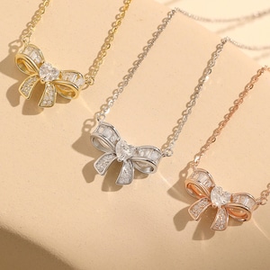 Collar de lazo de diamantes, plata 925/oro/oro rosa, coqueto, brillante, con lazo de corazón, joya delicada y elegante, regalo de cumpleaños para su dama de honor.