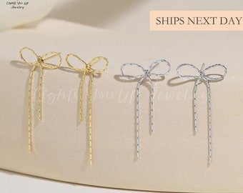 Sparkling Chains Bow Earrings, 925 Silver & Gold Asymmetrical Chain Design Lightweight Dainty Ribbon Drop Jewelry Minimalist Gift for Women