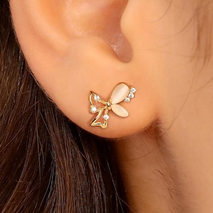 Dainty Bow Earrings, S925 Sterling Silver & Gold Minimalist Coquette Earring, Small Trendy Cute Bowknot Studs Daily Wear Handmade Gift Women