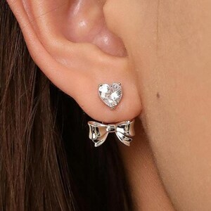 Heart Bow Ear Jacket Earrings, S925 Silver & Gold Dainty Elegant Love Heart Bling Studs Coquette Bow Tie Ribbon Front Back Earrings Gift Her