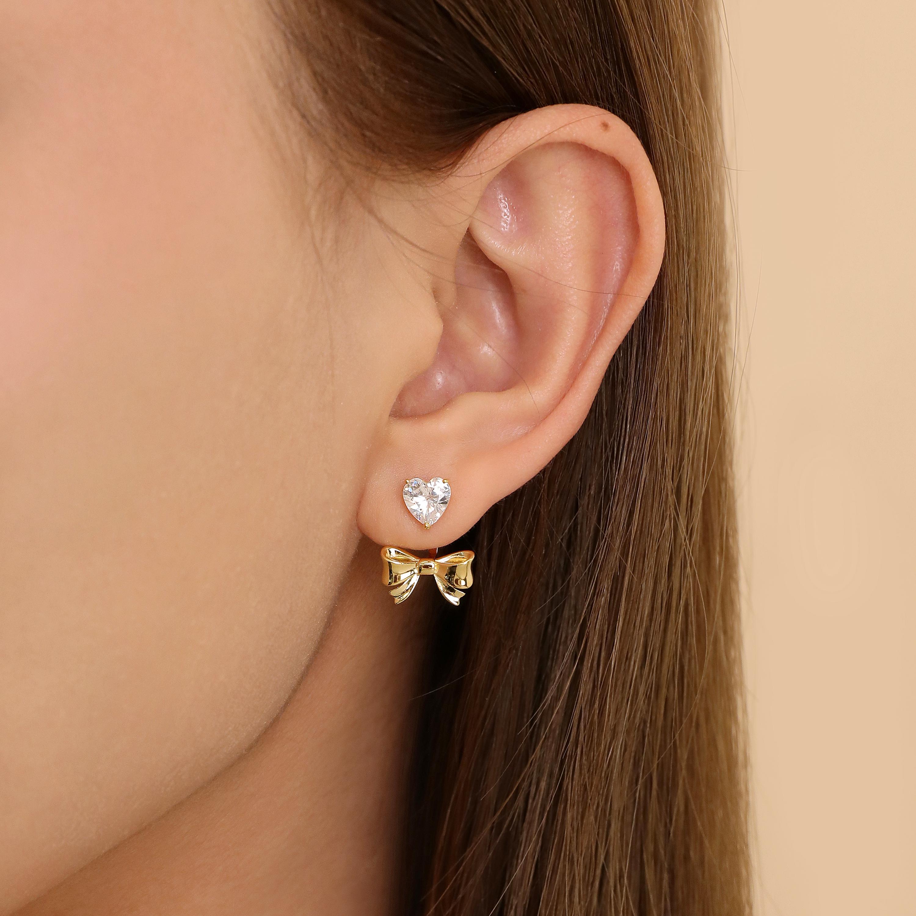 ピアス [SILVER925] Heart Gemstone Ribbon EarJacket Earring Heart Bow Ear Jacket Earrings, S925 Silver & Gold Dainty