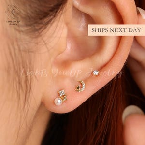 Cute Star Moon Earring Set, 925 Silver & Gold Tiny Diamond Pearl Dainty Crescent Celestial Everyday Stud Perfect Gift for Multiple Piercings