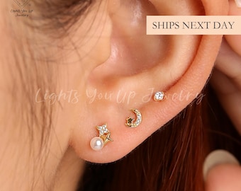 Cute Star Moon Earring Set, 925 Silver & Gold Tiny Diamond Pearl Dainty Crescent Celestial Everyday Stud Perfect Gift for Multiple Piercings