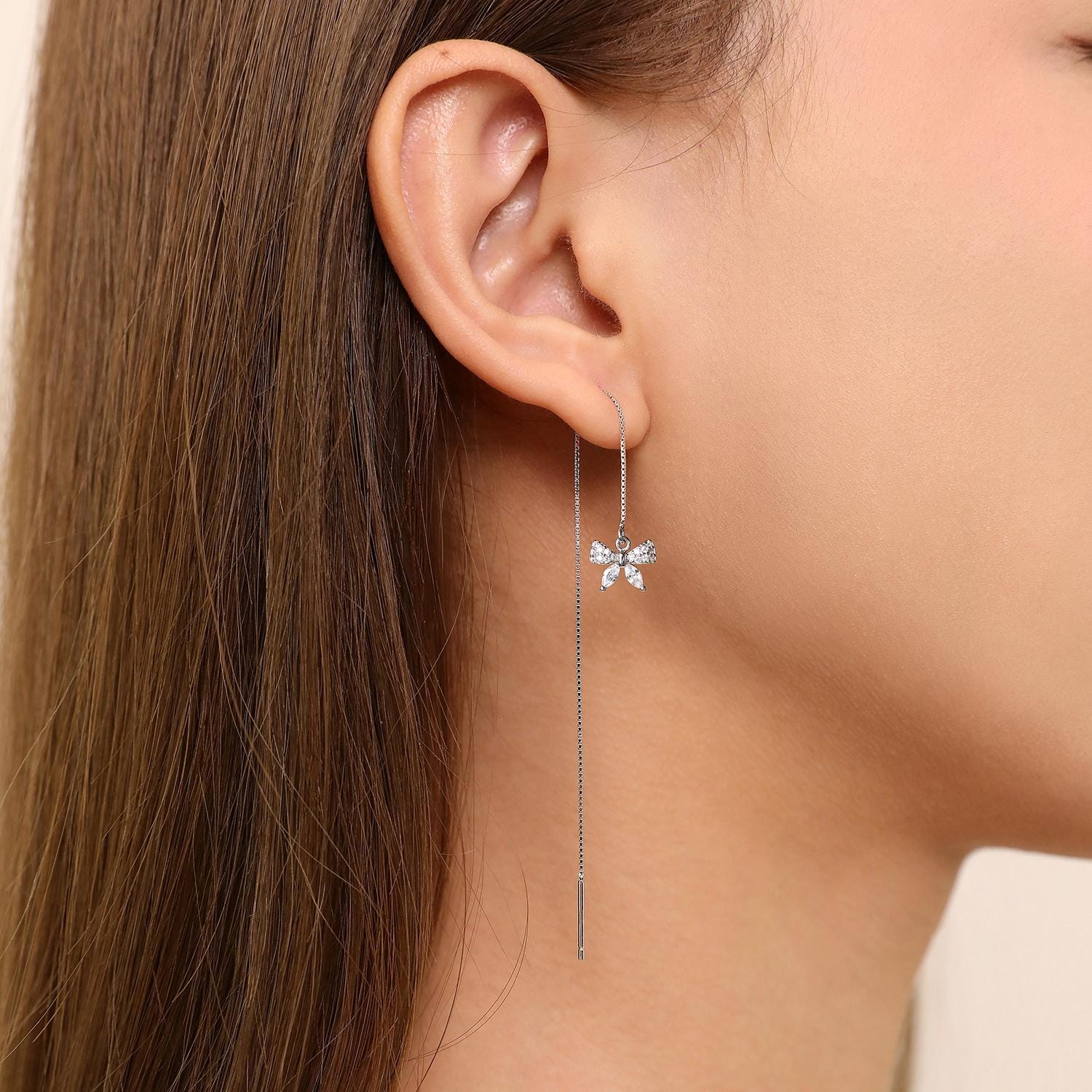 Bow Threader Earrings, 925 Sterling Silver Sparkling Chains Bow Earring Chain Lightweight Dainty Ribbon Drop Jewelry Minimalist Gift for Her