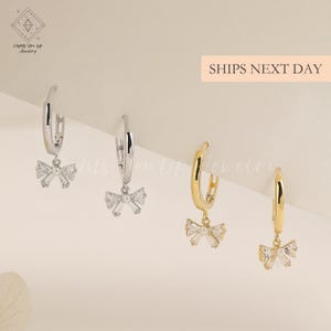 Bow Hoop Earrings, S925 Silver & Gold Coquette Pearl Diamond Ribbon Dangle Huggie Hoops Dainty Elegant Everyday Jewelry Gift for Girlfriend