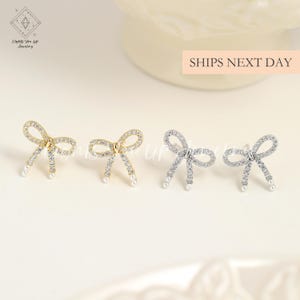 Elegant Bow Earrings, 925 Sterling Silver & Gold Coquette Pearl Diamond Earrings, Dainty Ribbon Earrings Wedding Jewelry Gift for Girlfriend