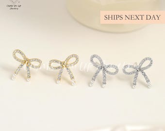 Elegant Bow Earrings, 925 Sterling Silver & Gold Coquette Pearl Diamond Earrings, Dainty Ribbon Earrings Wedding Jewelry Gift for Girlfriend