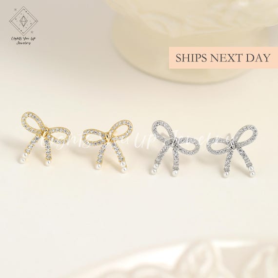 ✨NEW Elegant Pearl Bow Earrings Diamond Bow Pearl Drop Earrings, Vintage Style, Sterling  main image 3