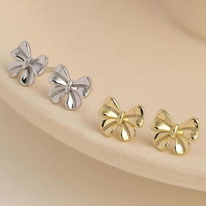 Cute Bowknot Earrings, S925 Silver & Gold Minimalist Dainty Tied Bow Earrings, Tiny Ribbon Coquette Studs Daily Wear Gift for Kids Her Mom