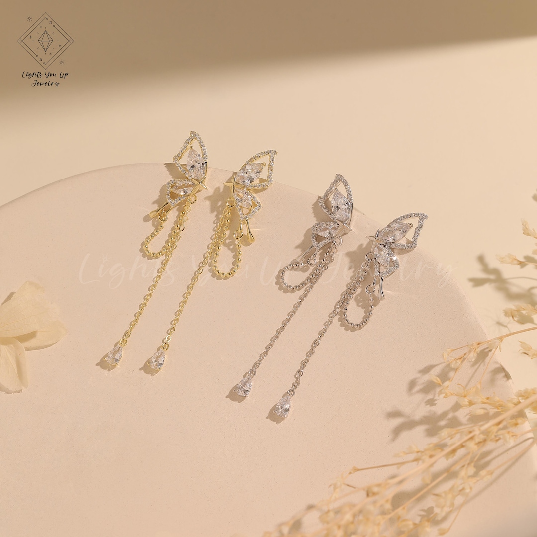 Elegant Butterfly Drop Earrings, S925 Sterling Silver & Gold Dainty ...