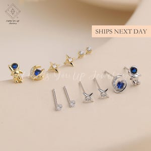 Moon Star Planet Astronaut Earring Set, 925 Sterling Silver & Gold Dainty Bling Celestial Studs Set Multiple Piercings Everyday Gift Women