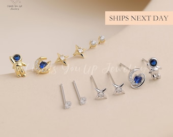Moon Star Planet Astronaut Earring Set, 925 Sterling Silver & Gold Dainty Bling Celestial Studs Set Multiple Piercings Everyday Gift Women