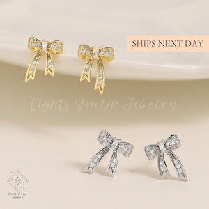 Ribbon Bow Earrings, 925 Sterling Silver & Gold Dainty Delicate Sparkly Design Unique Cute Coquette Elegant Jewelry Gift for Women Girls Her