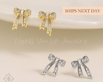 Ribbon Bow Earrings, 925 Sterling Silver & Gold Dainty Delicate Sparkly Design Unique Cute Coquette Elegant Jewelry Gift for Women Girls Her