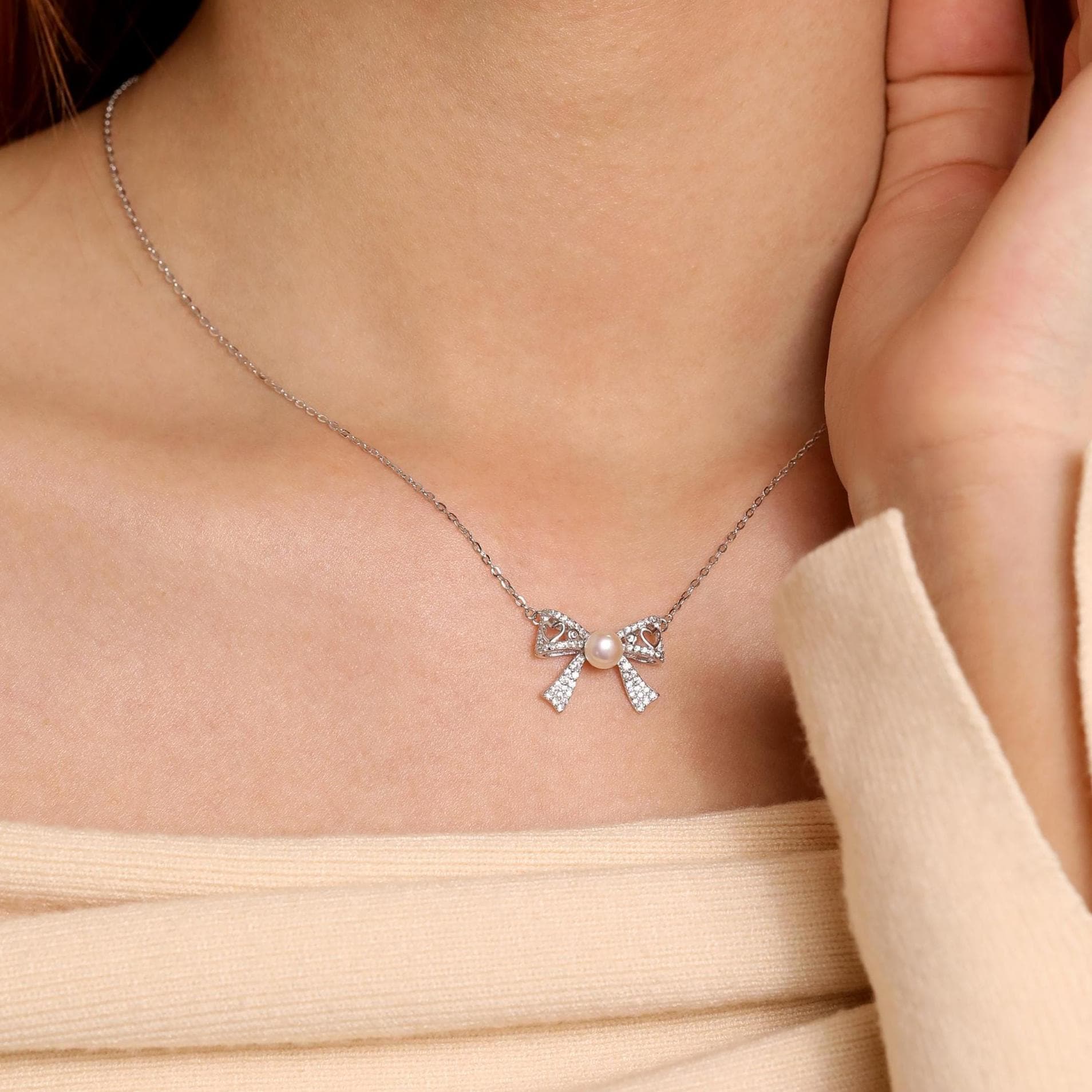 Bow Heart Pearl Diamond Necklace, 925 Silver Elegant Dainty Bling Pendant For Everyday Wear Anniversary Birthday Jewelry Gift for Girl Women