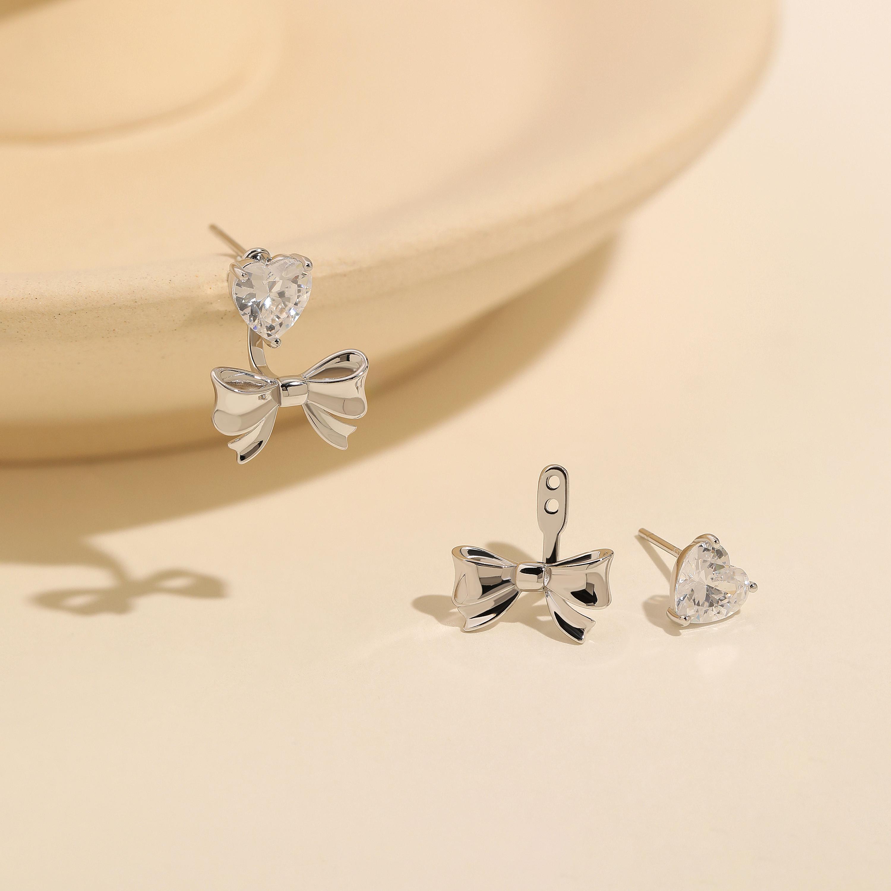 Heart Bow Ear Jacket Earrings, S925 Silver & Gold Dainty
