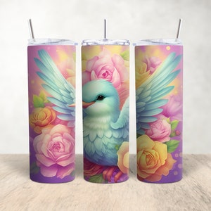Bird with Flowers 20 oz Tumbler Sublimation Design, Instant Digital Download PNG, Pastel Bird Tumbler Wrap, 20oz Tumbler Wrap
