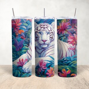 White Tiger Floral Tumbler Design, White Tiger Sublimation Tumbler Wrap, Sublimation Design, 20oz Tumbler Wrap, Flower and Tiger Design