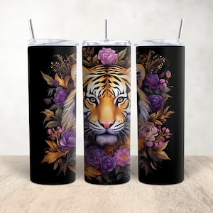 Paarse en gouden Tiger Tumbler Design Tiger Sublimation Tumbler Wrap LSU Sublimation Design 20oz Tumbler Wrap LSU Floral Tiger Tumbler Wrap