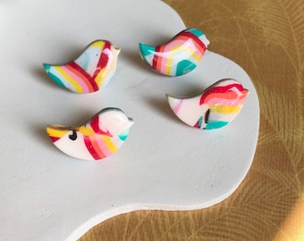 Bird pin badge / polymer clay / abstract rainbow / quirky gift / handmade U.K. / cute pin badge /