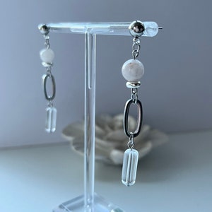 Glass bead & natural quartz pendant dangle earring / abstract / Stainless steel / statement earring / Handmade / uk / boho / hypoallergenic