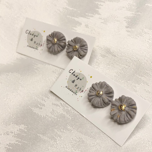 Polymer clay earrings / Muted grey / Gold leaf  / Flowers / pretty studs / statement earring / Handmade / uk /Spring